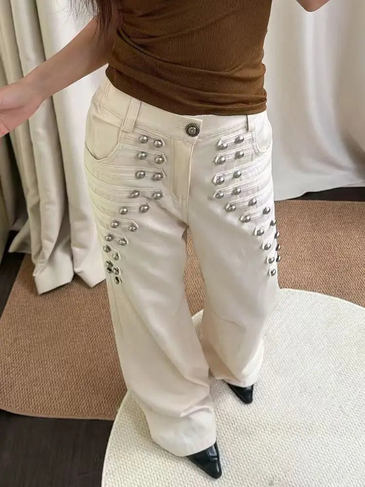 Y2K Retro Metal Buckle Design Womens Jeans