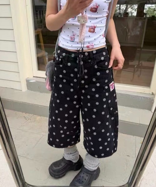 Y2K Retro Polka Dot Design Denim Shorts Jorts