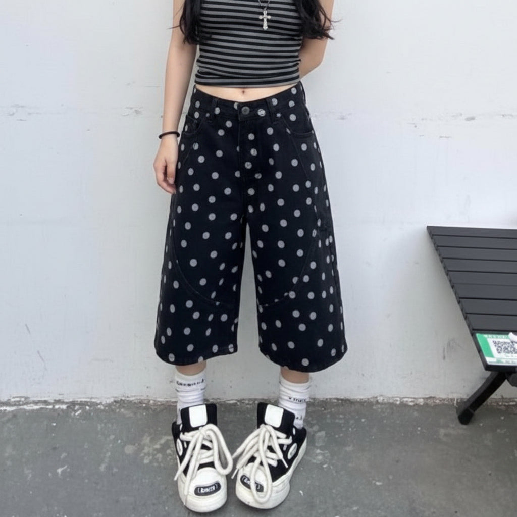 Y2K Retro Polka Dot Design Denim Shorts Jorts