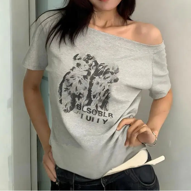 Y2K Retro Puppy Graphic Off Shoulder Top