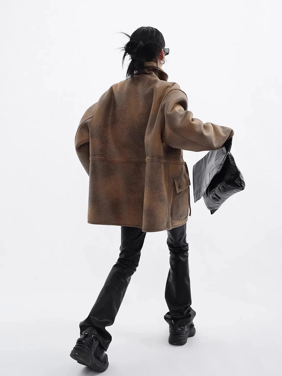 Y2K Reversible Sherpa Fleece Cargo Leather Jacket Coat