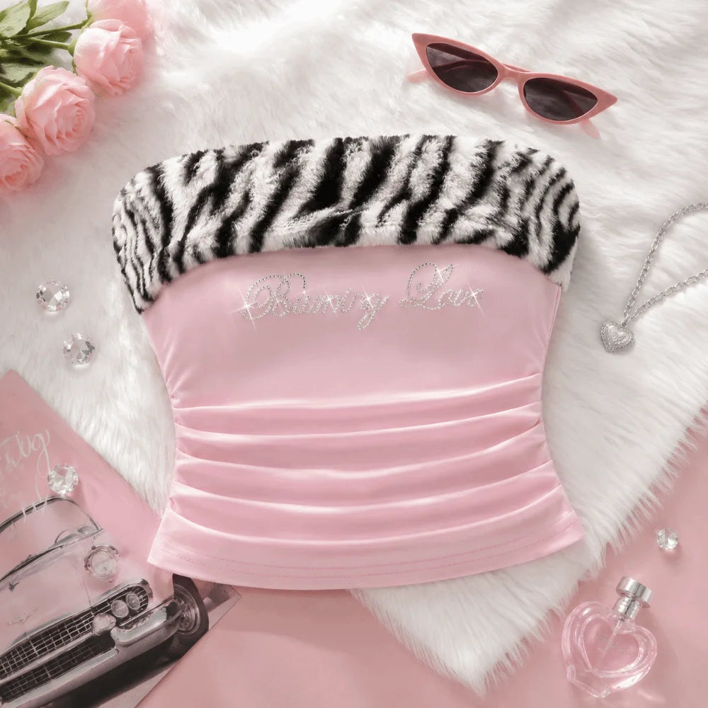Y2K Rhinestone "Burning Love" Animal Print Crop Top