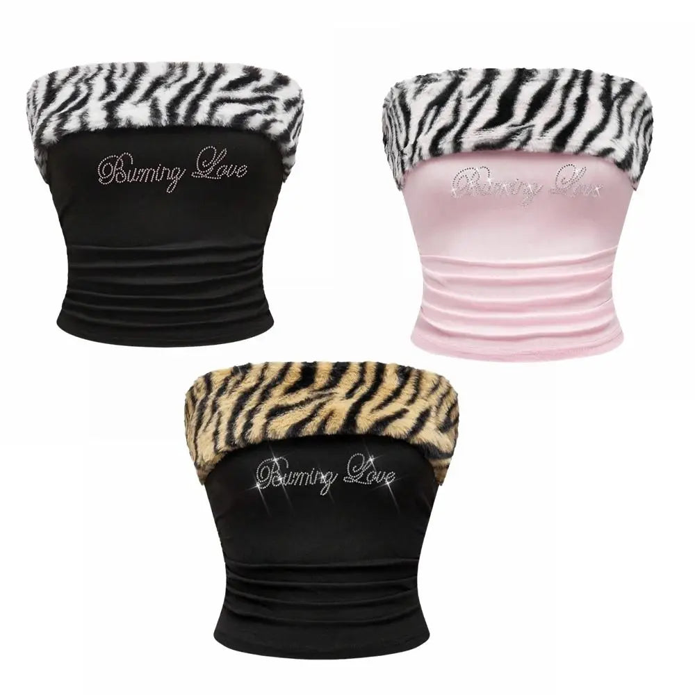 Y2K Rhinestone "Burning Love" Animal Print Crop Top