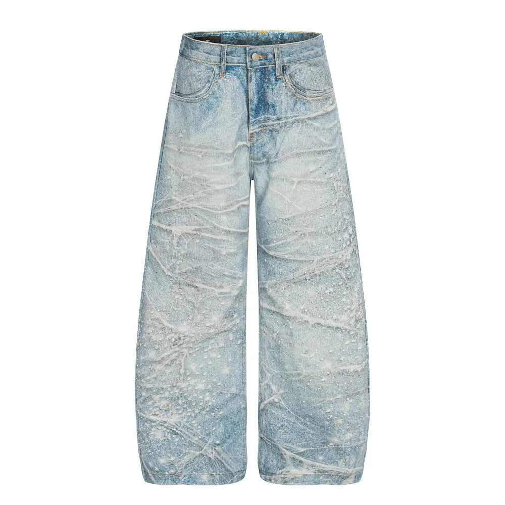 Y2K Rhinestone Distressed Baggy Denim Curved Barrel Jeans