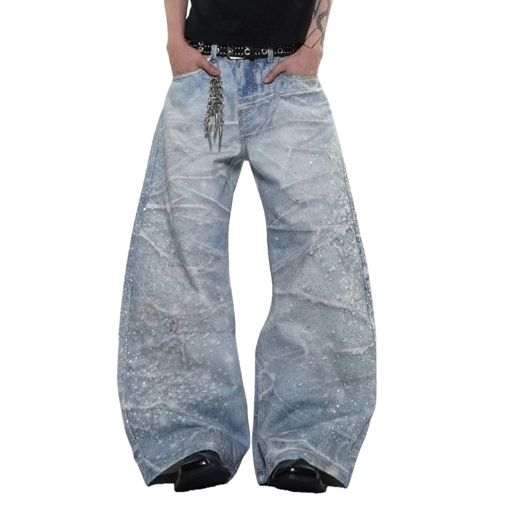 Y2K Rhinestone Distressed Baggy Denim Curved Barrel Jeans