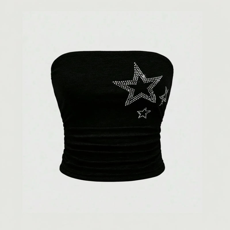 Y2K Rhinestone Star Graphic Bandeau Tube Top for