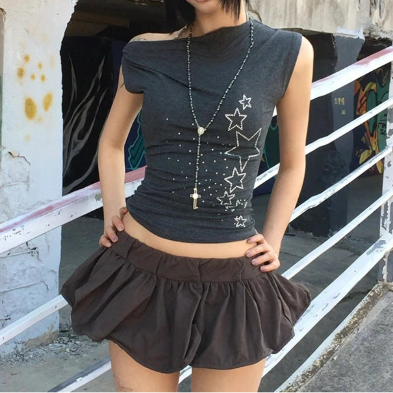 Y2K Rhinestone Star Graphic Off Shoulder Baby Tee