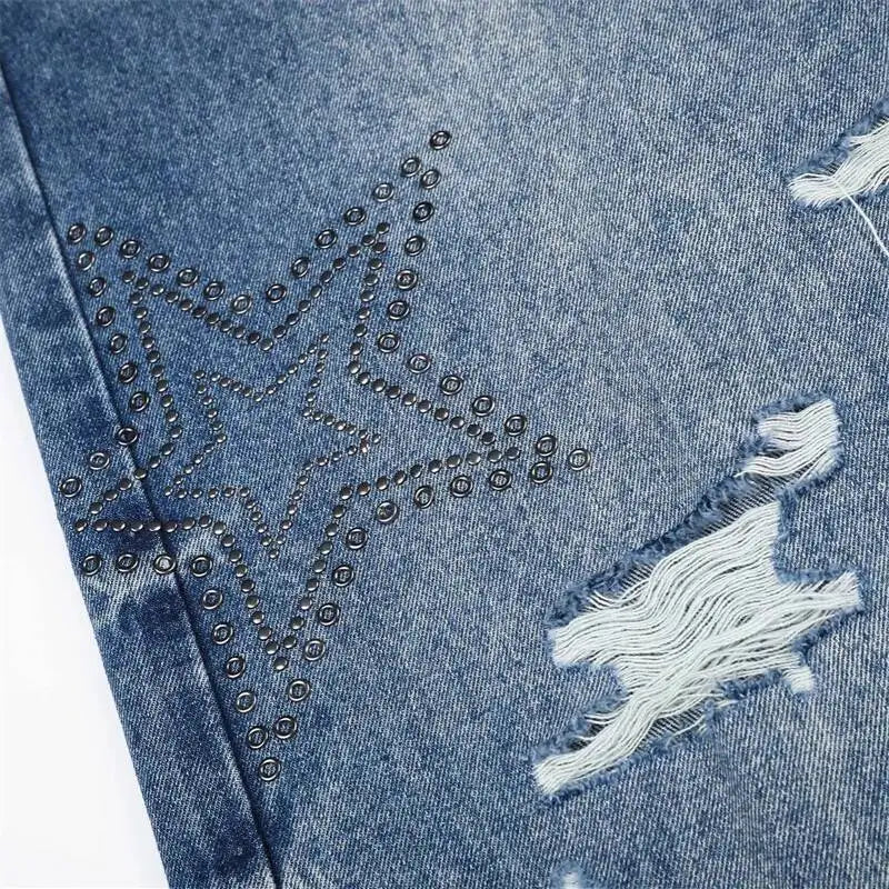 Y2K Rhinestone Stars Distressed Wide Leg Denim Jeans
