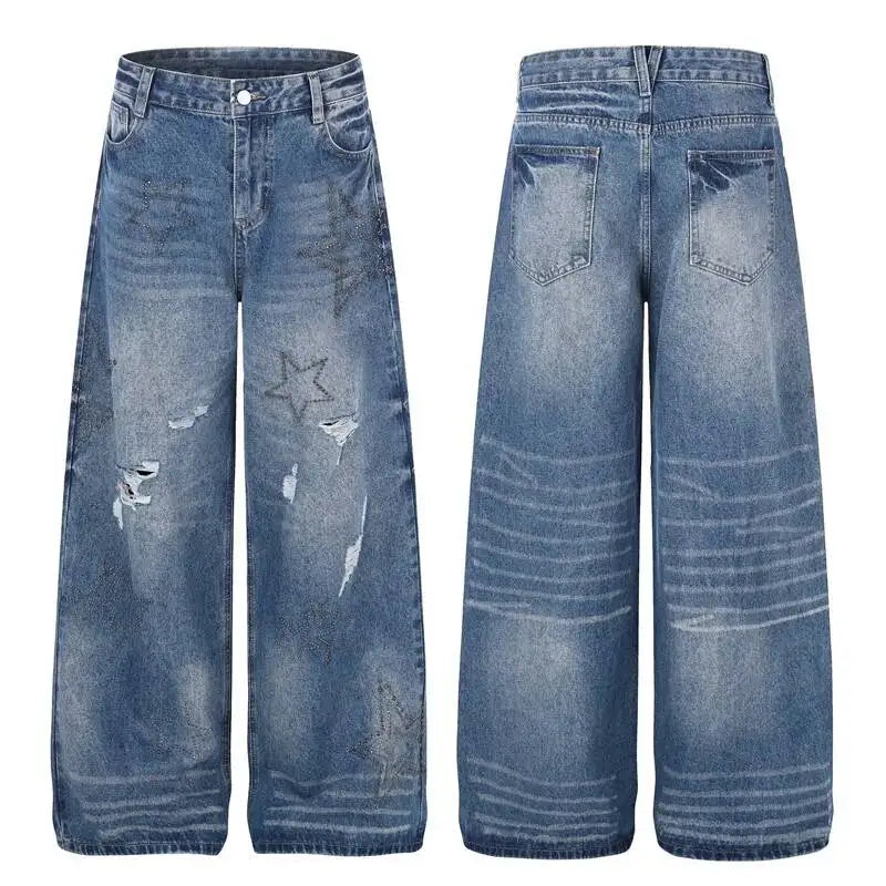 Y2K Rhinestone Stars Distressed Wide Leg Denim Jeans