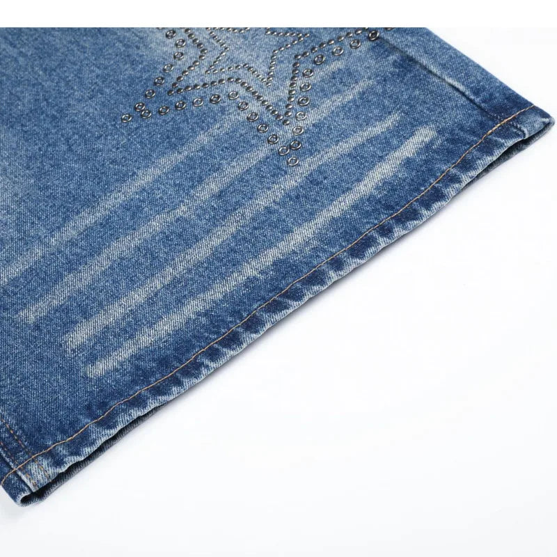 Y2K Rhinestone Stars Distressed Wide Leg Denim Jeans