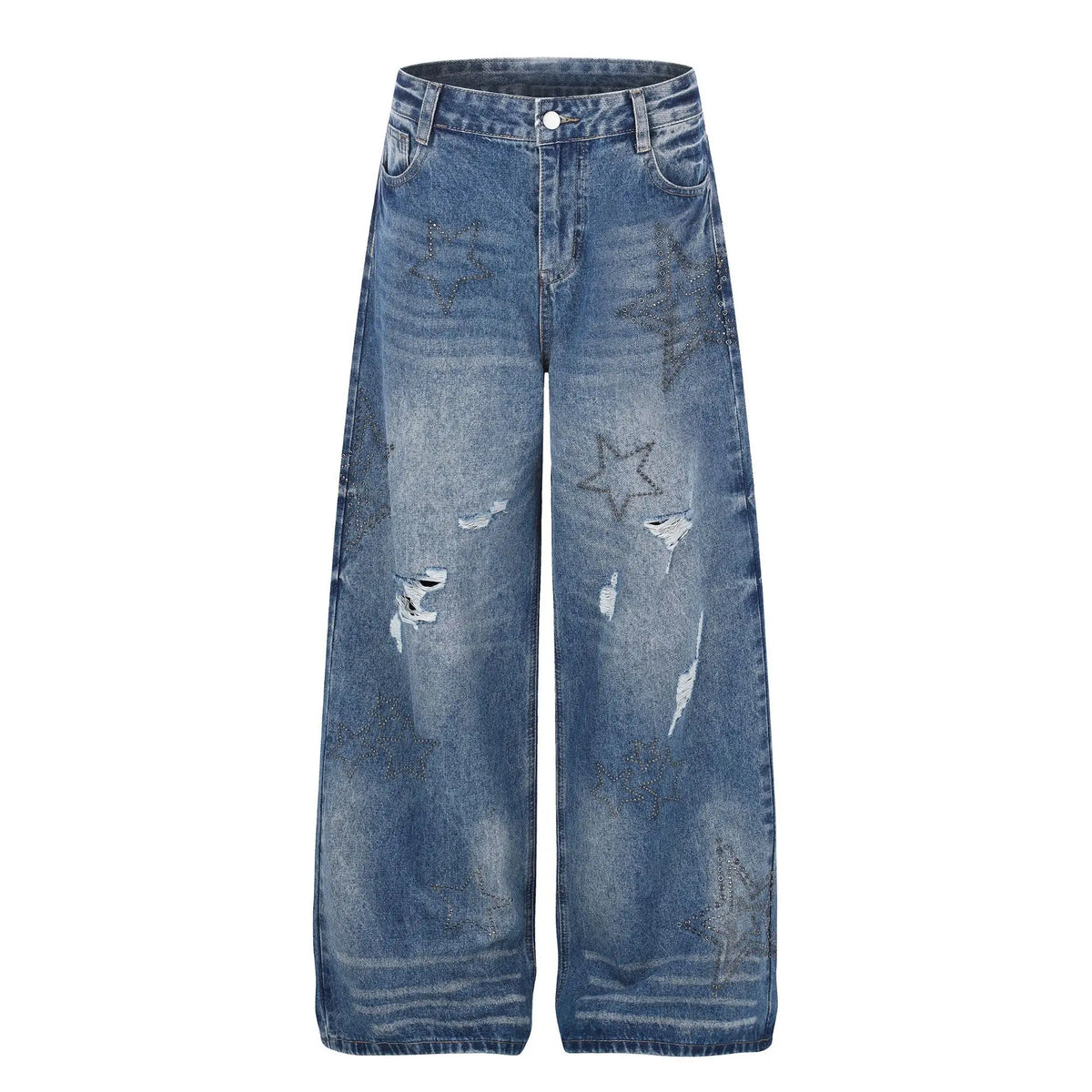 Y2K Rhinestone Stars Distressed Wide Leg Denim Jeans