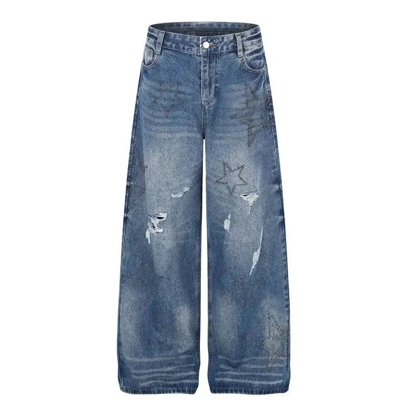 Y2K Rhinestone Stars Distressed Wide Leg Denim Jeans