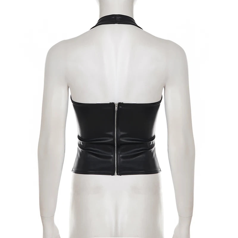 Y2K Rivet Faux Leather Low Cut Halter Top