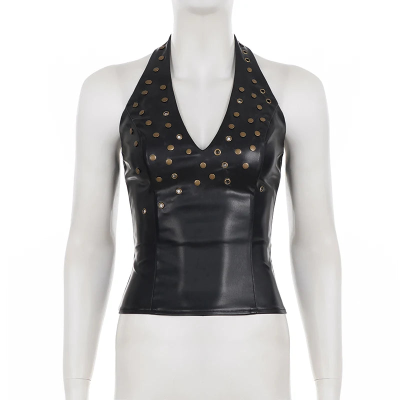 Y2K Rivet Faux Leather Low Cut Halter Top