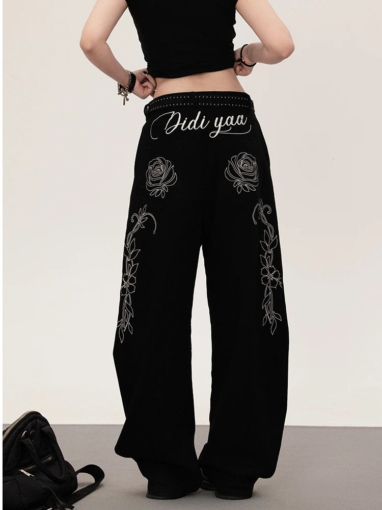 Y2K Rose Floral Embroidered Black Baggy Jeans