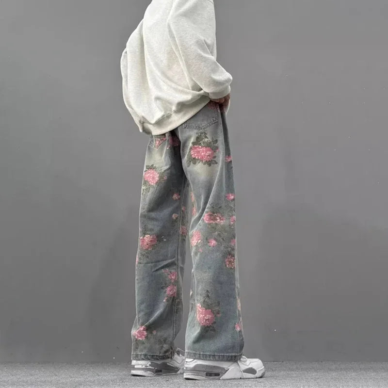 Y2K Rose Print Straight Leg Jeans