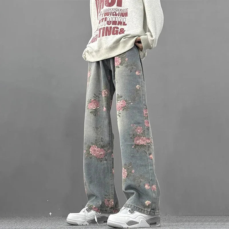 Y2K Rose Print Straight Leg Jeans
