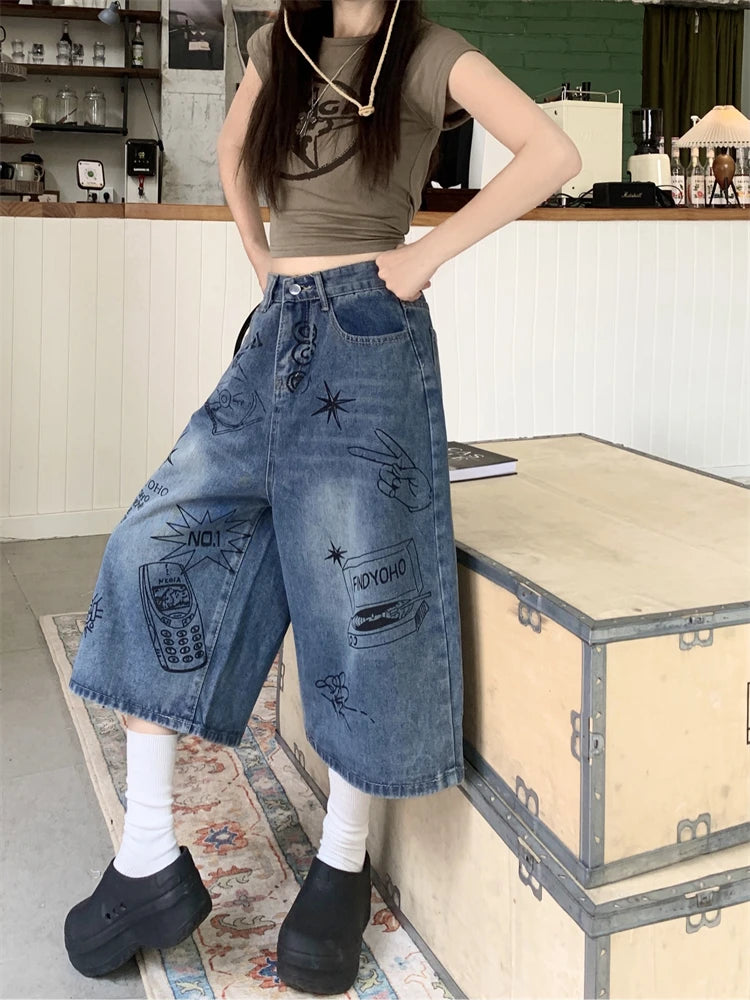 Y2K Scrapbook Graphic High Waist Denim Shorts Jorts