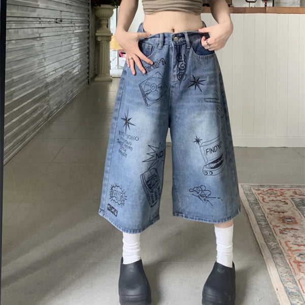 パンツ y2k Quiksilver Graphic Print Denim Jorts Y2K-Scrapbook-Graphic-High-