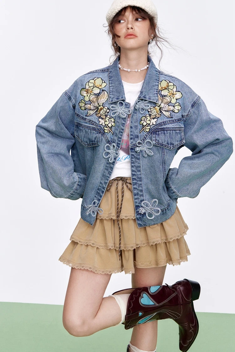 Y2K Sequin Embroidery Floral Button Denim Jacket