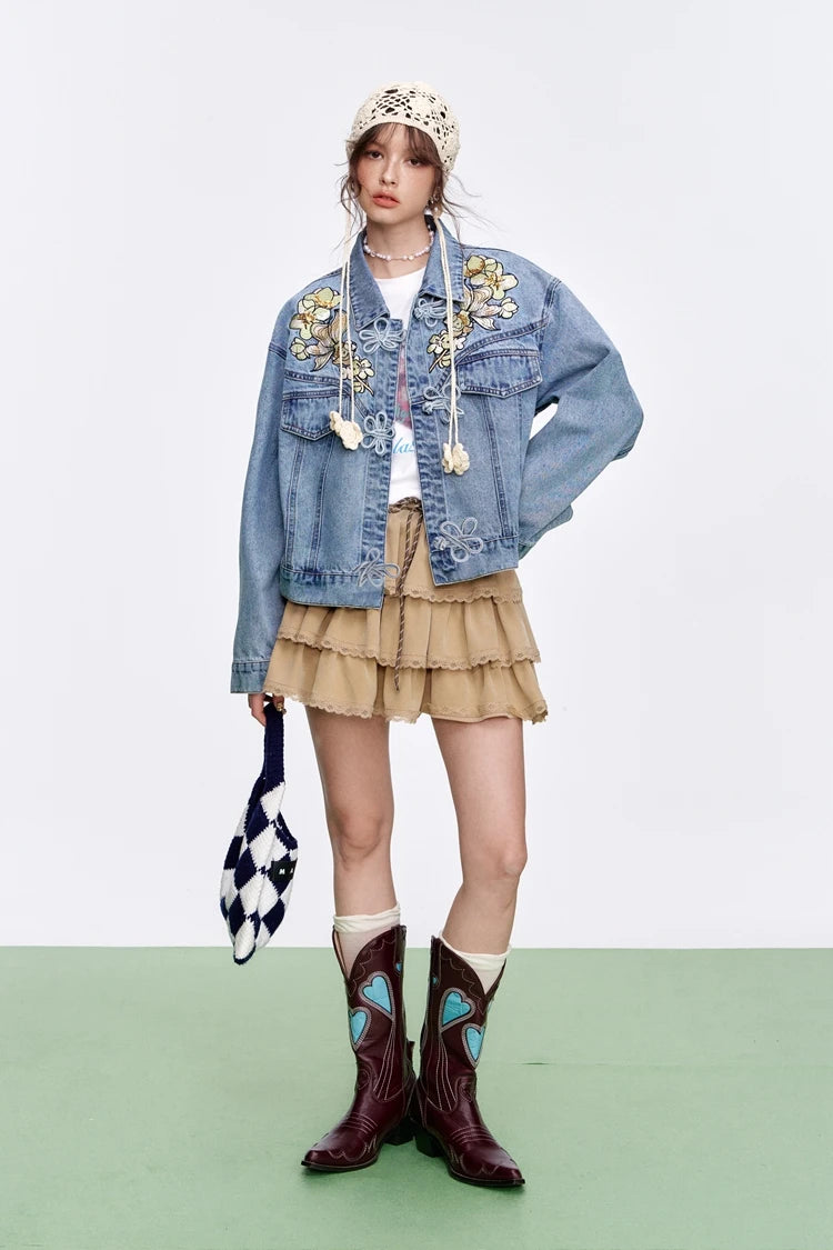 Y2K Sequin Embroidery Floral Button Denim Jacket