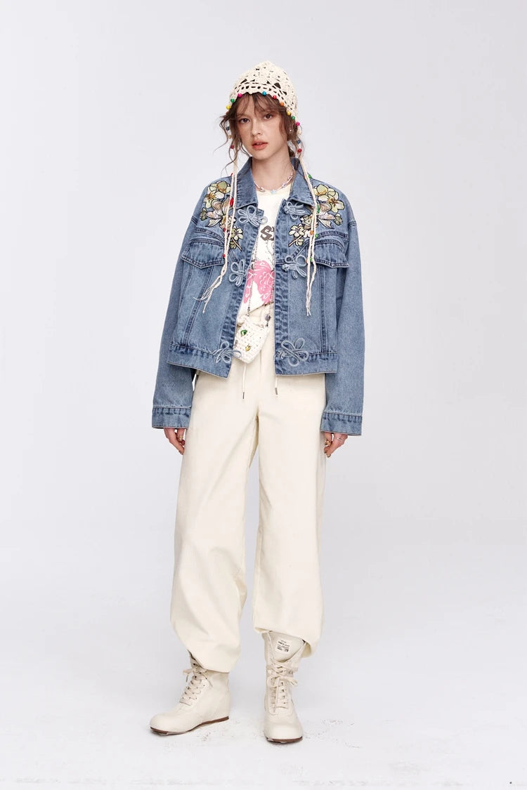 Y2K Sequin Embroidery Floral Button Denim Jacket