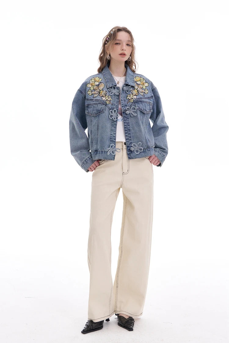 Y2K Sequin Embroidery Floral Button Denim Jacket