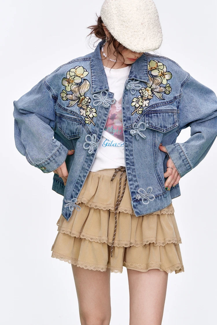 Y2K Sequin Embroidery Floral Button Denim Jacket