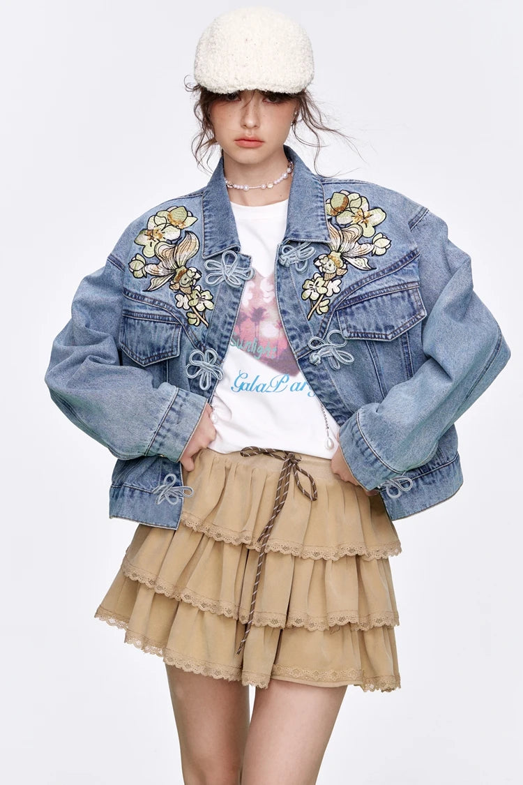 Y2K Sequin Embroidery Floral Button Denim Jacket