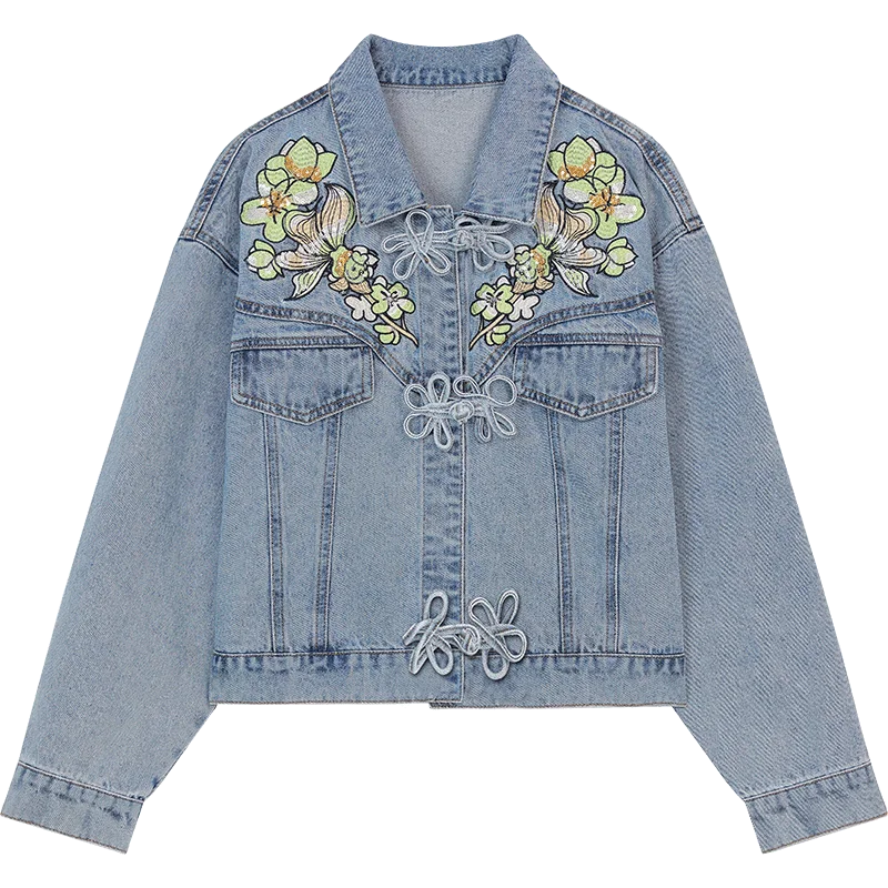 Y2K Sequin Embroidery Floral Button Denim Jacket