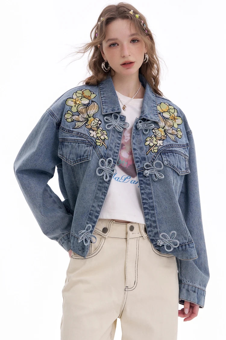 Y2K Sequin Embroidery Floral Button Denim Jacket