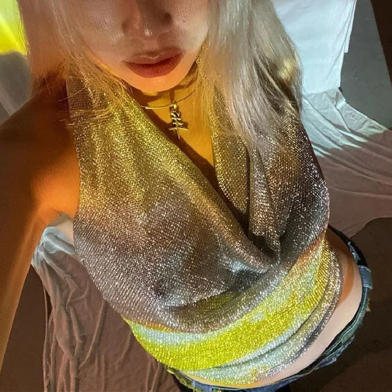 Y2K Sequin Sparkle Low Cut Crop Halter Top