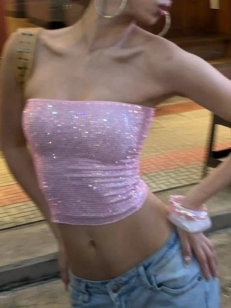 Y2K Sexy Shiny Sequin Bandeau Tube Top
