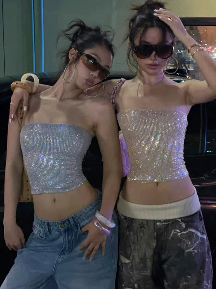 Y2K Sexy Shiny Sequin Bandeau Tube Top