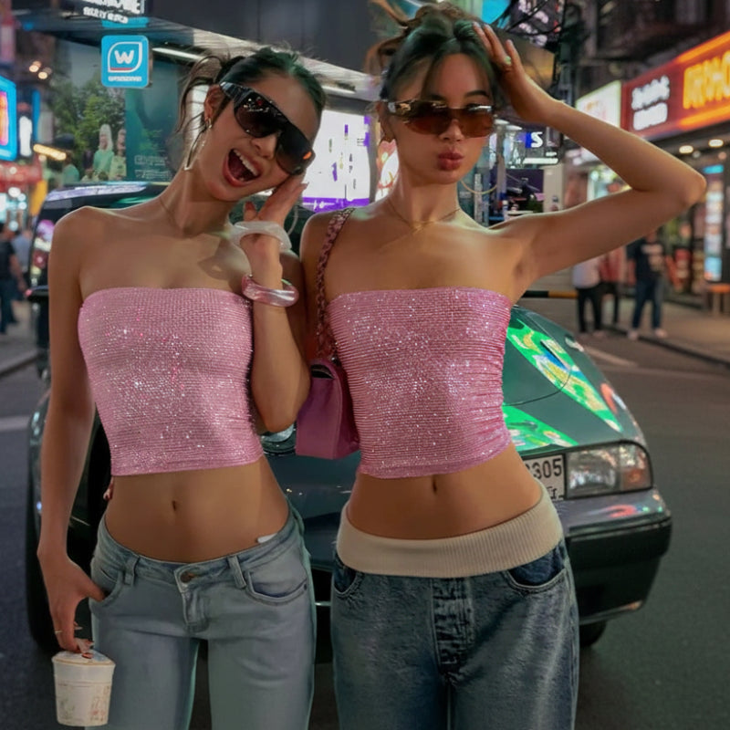 Y2K Sexy Shiny Sequin Bandeau Tube Top