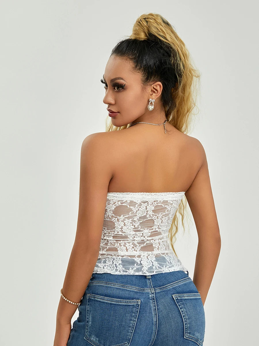 Y2K Sheer Strapless Lace Bandeau Tube Tops