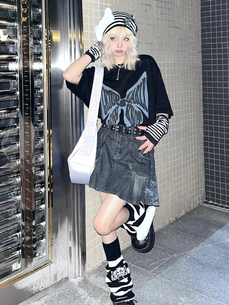 Y2K Side Pleated Grunge Denim Mini Skirt