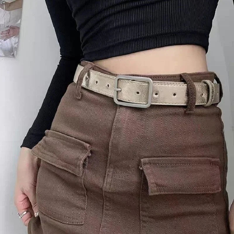 Y2K Silver Metal Buckle Leather Belt