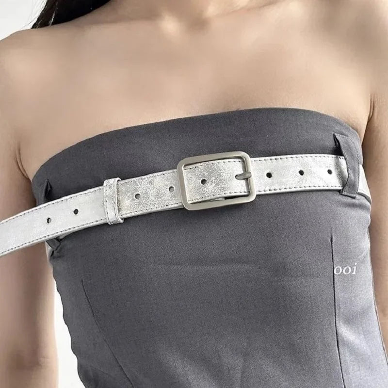 Y2K Silver Metal Buckle Leather Belt