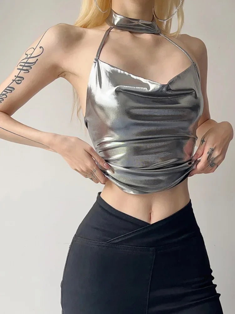 Y2K Silver Metallic Backless Halter Top