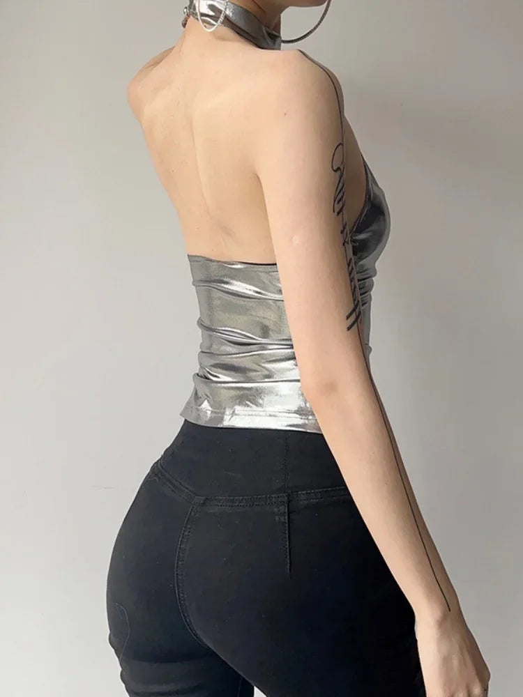 Y2K Silver Metallic Backless Halter Top