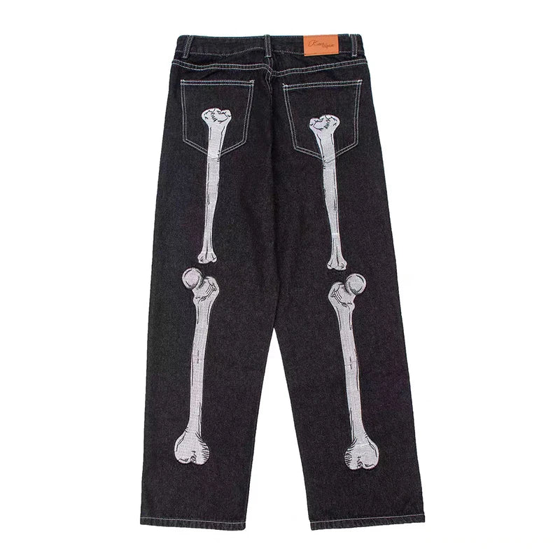 Y2K Skeleton Embroidered Black Baggy Jeans