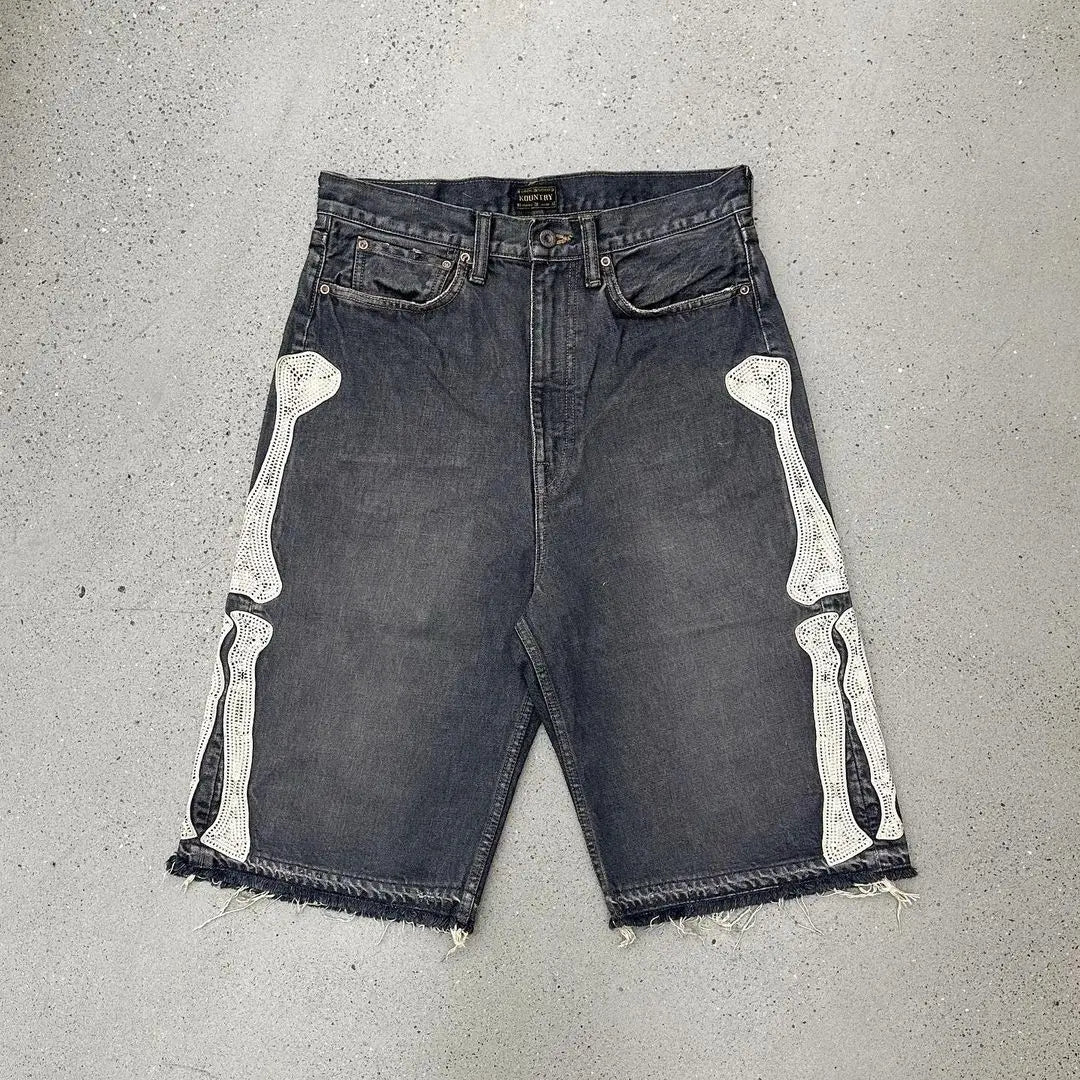 Y2K Skeleton Leg Bone Embroidered Denim Shorts Jorts