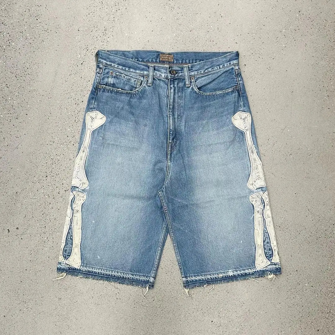 Y2K Skeleton Leg Bone Embroidered Denim Shorts Jorts