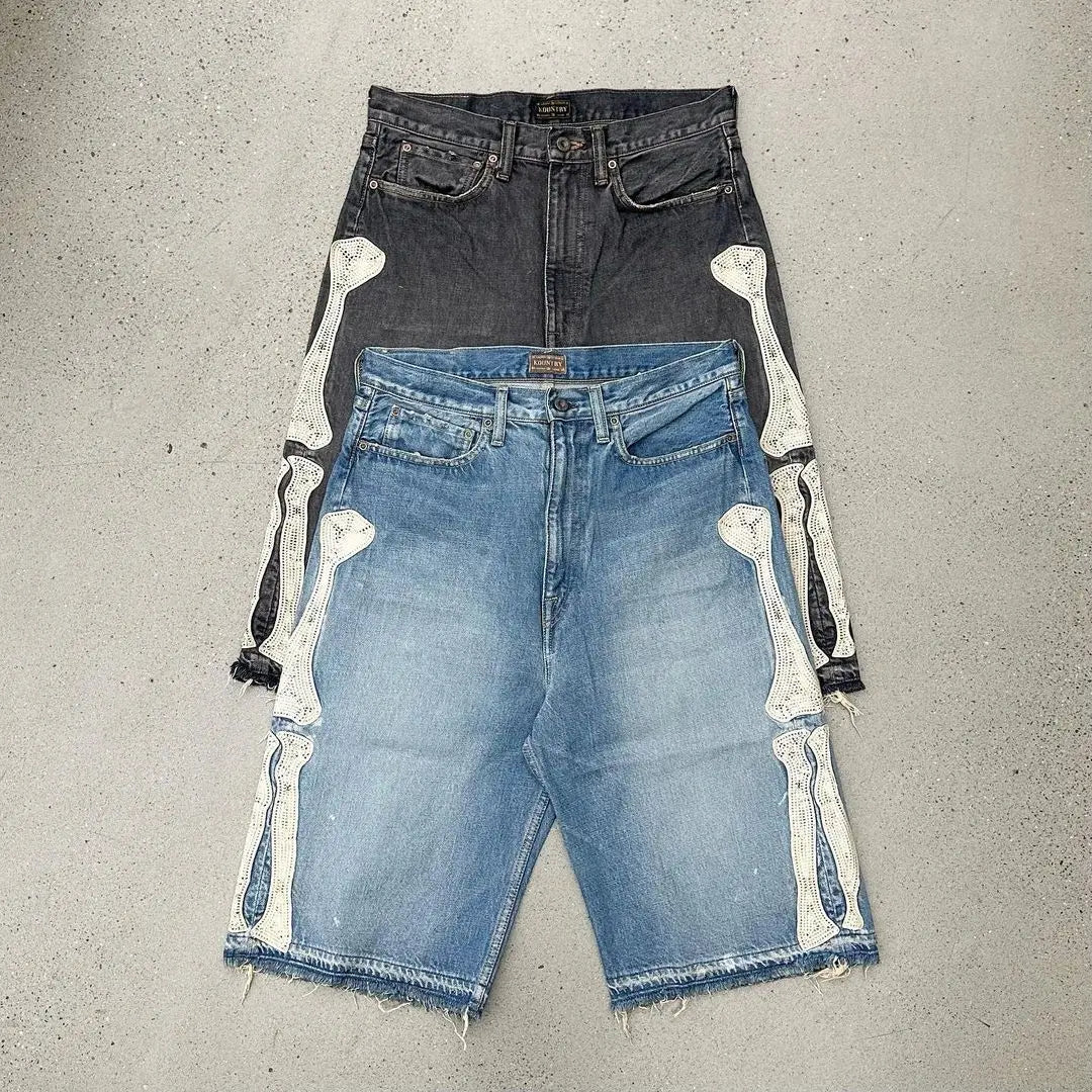 Y2K Skeleton Leg Bone Embroidered Denim Shorts Jorts