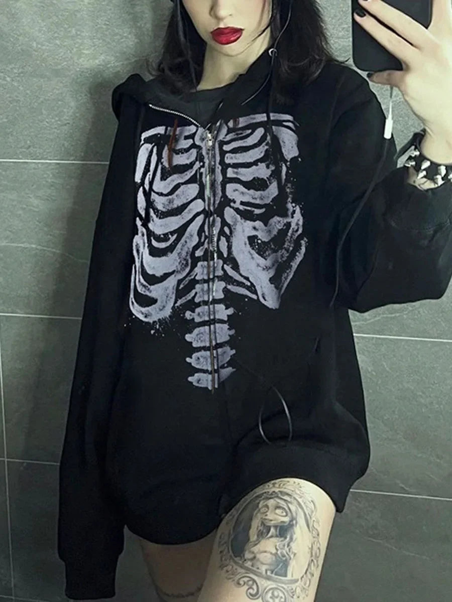 Y2K Skeleton Print Zip Up Hoodie