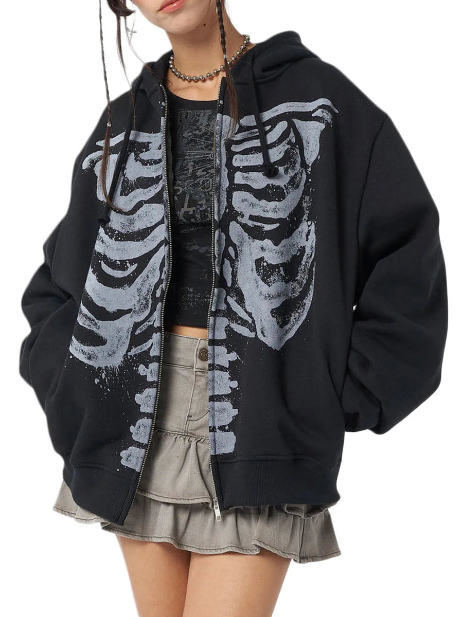 Y2K Skeleton Print Zip Up Hoodie