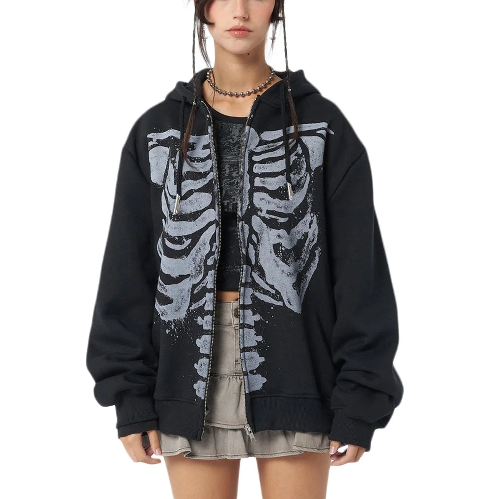 Y2K Skeleton Print Zip Up Hoodie