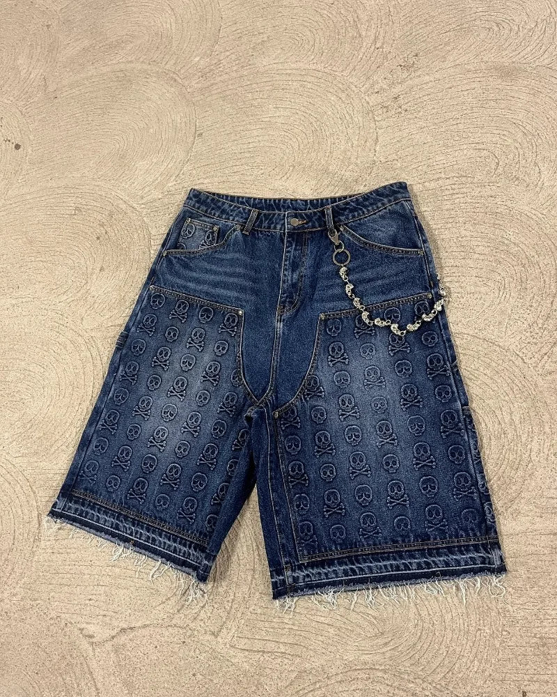 Y2K Skull Print Denim Carpenter Jorts