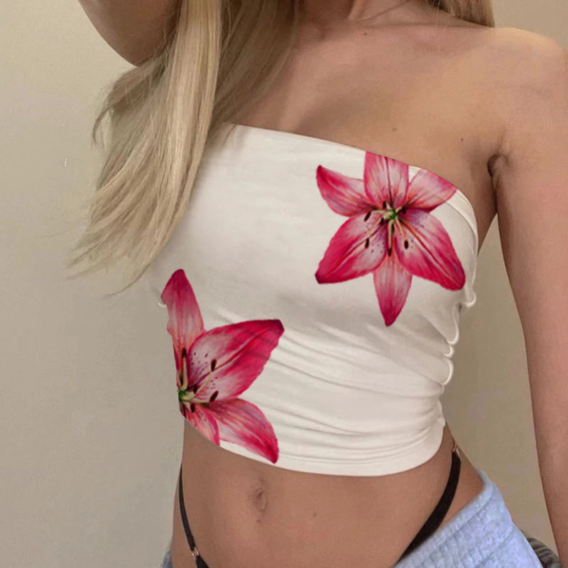 Y2K Slim Fit Floral Graphic Bandeau Tube Top